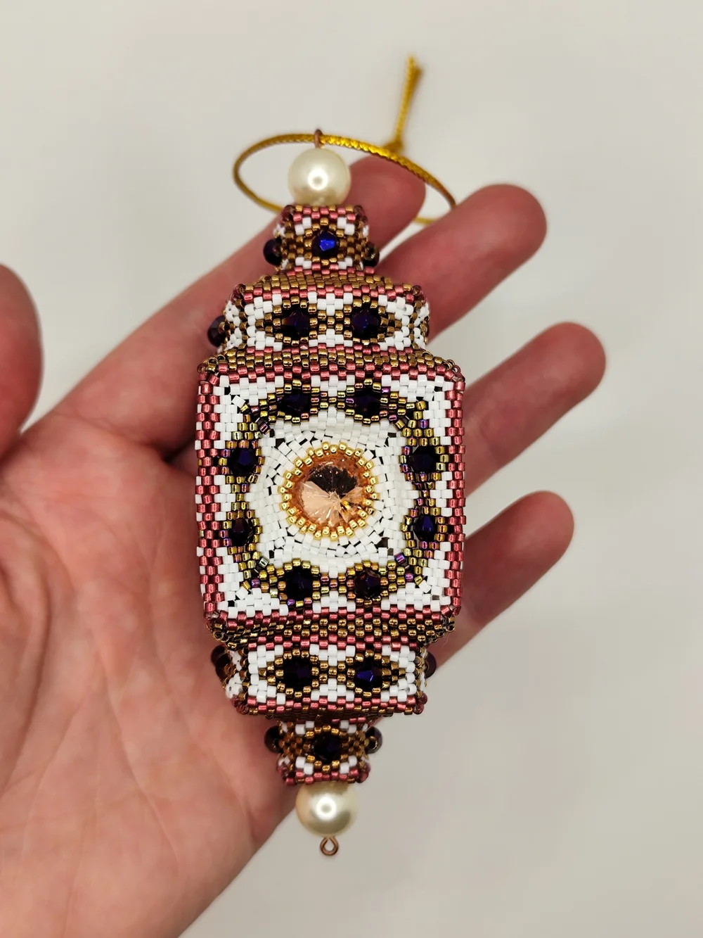 Beaded  Ornament in White, Rose Gold & Black